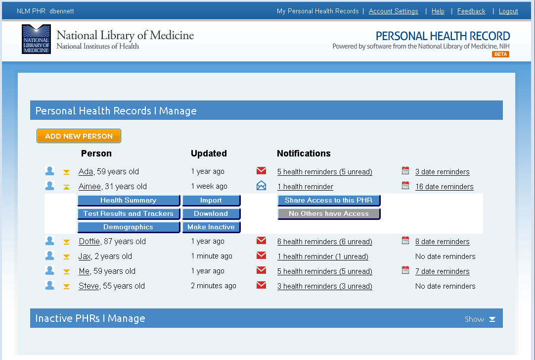 Photo of the Personal Health Records I Manage page